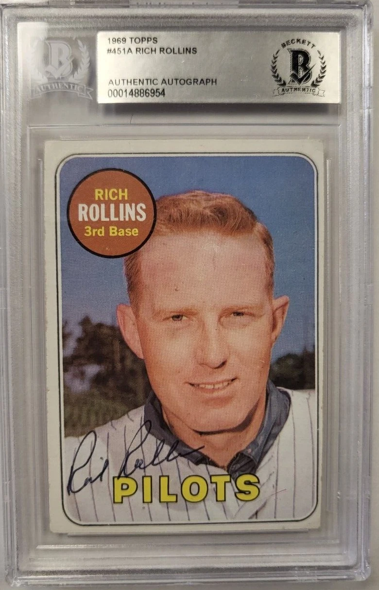 1969 TOPPS RICH ROLLINS #451 PILOTS AUTHENTIC AUTO CERTIFIED BECKETT CARD