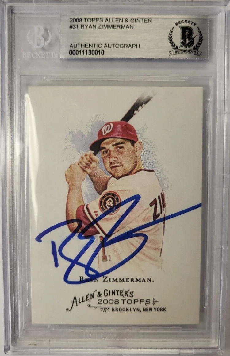 2008 TOPPS ALLEN & GINTER RYAN ZIMMERMAN AUTO SIGNED CERTIFIED BECKETT CARD