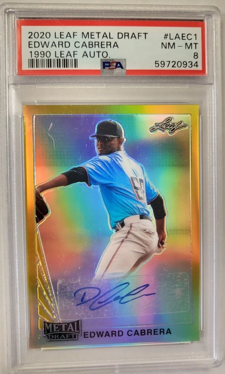 2020 LEAF METAL DRAFT EDWARD CABRERA 1990 LEAF AUTO MARLINS NM-MT PSA 8 1/1