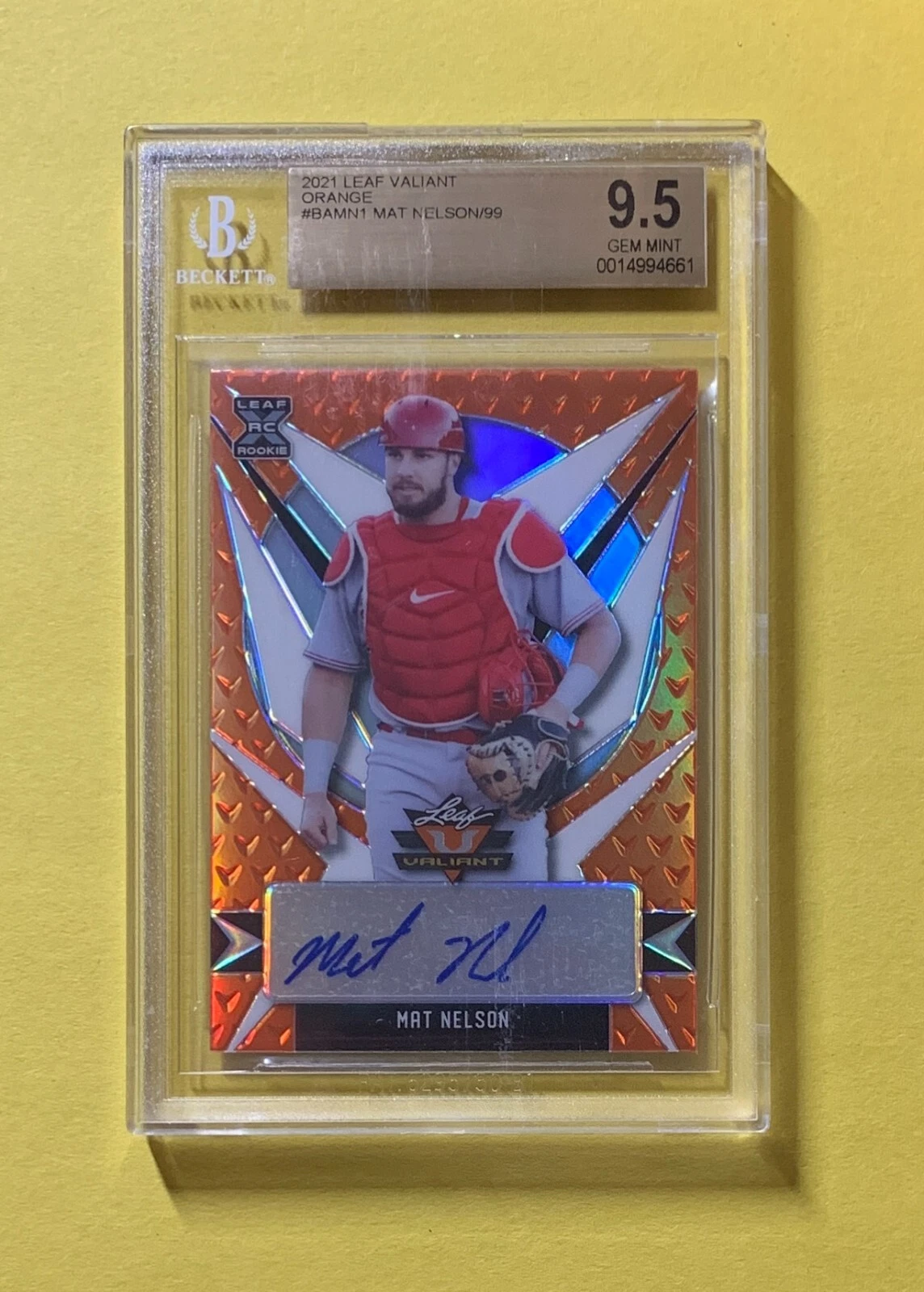2021 LEAF VALIANT MAT NELSON ORANGE AUTO /99 #BAMN1 BGS GEM MINT 9.5 10 REDS