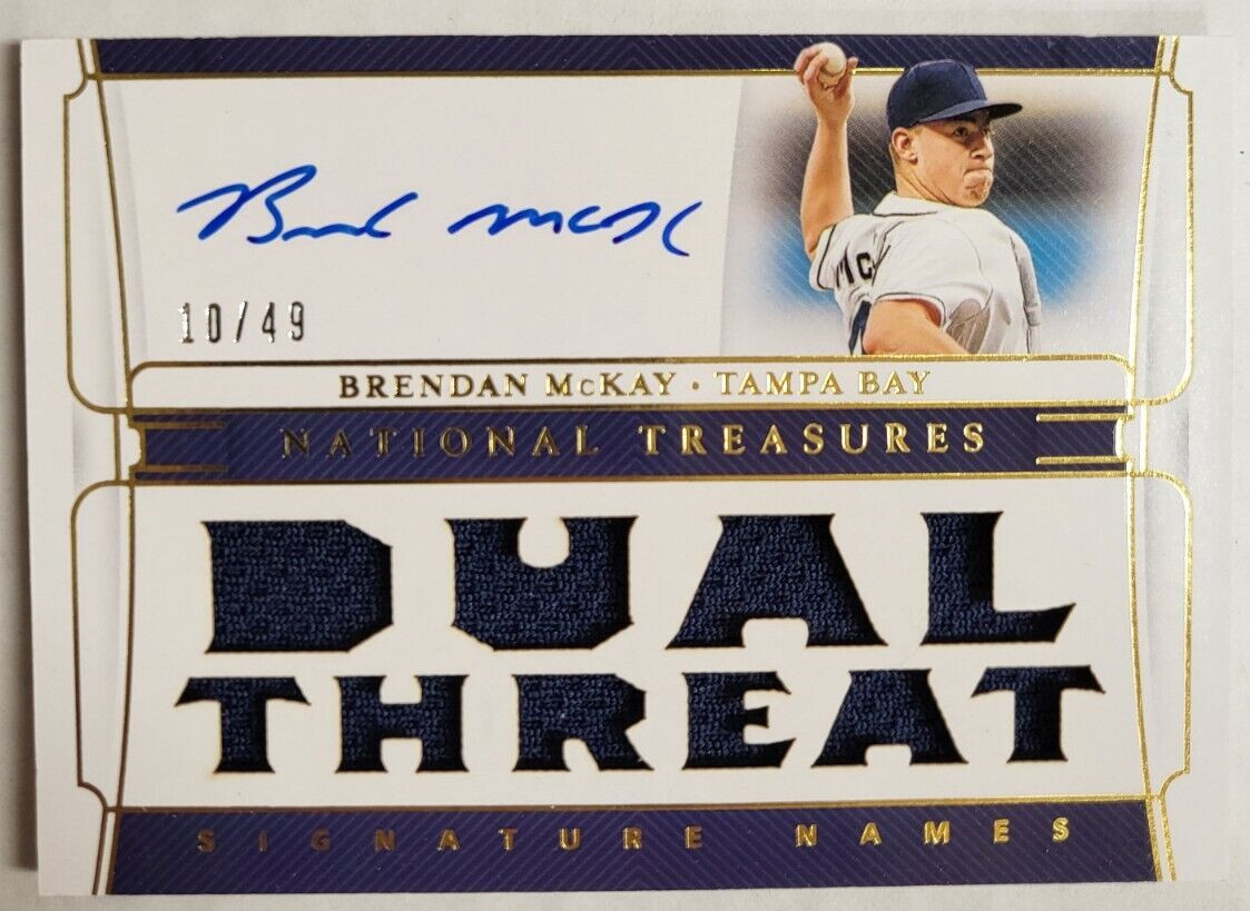 2020 NATIONAL TREASURES BRENDAN MCKAY DUAL THREAT AUTO /49 BASEBALL CARD