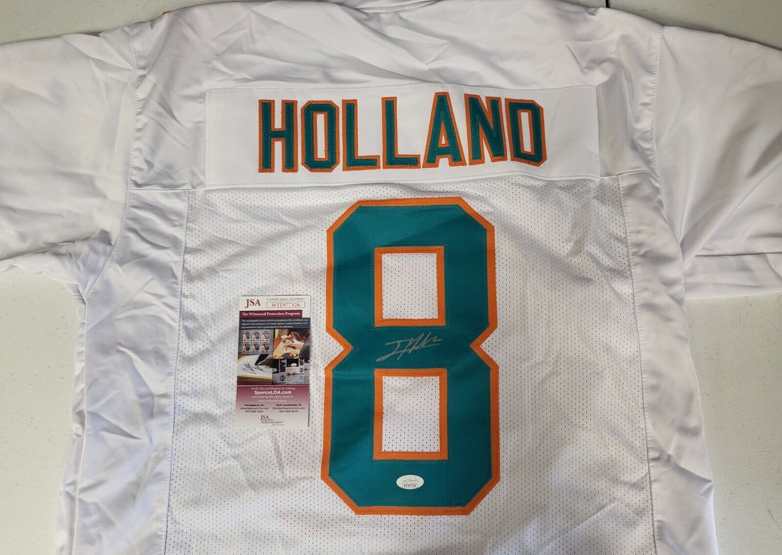 JEVON HOLLAND #8 DOLPHINS SIGNED AUTOGRAPHED WHITE CUSTOM JERSEY SIZE XL JSA
