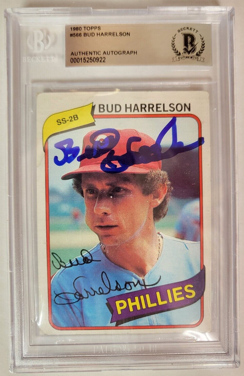 1980 TOPPS BUD HARRELSON PHILLIES #566 AUTO SIGNED CARD BECKETT AUTHENTIC