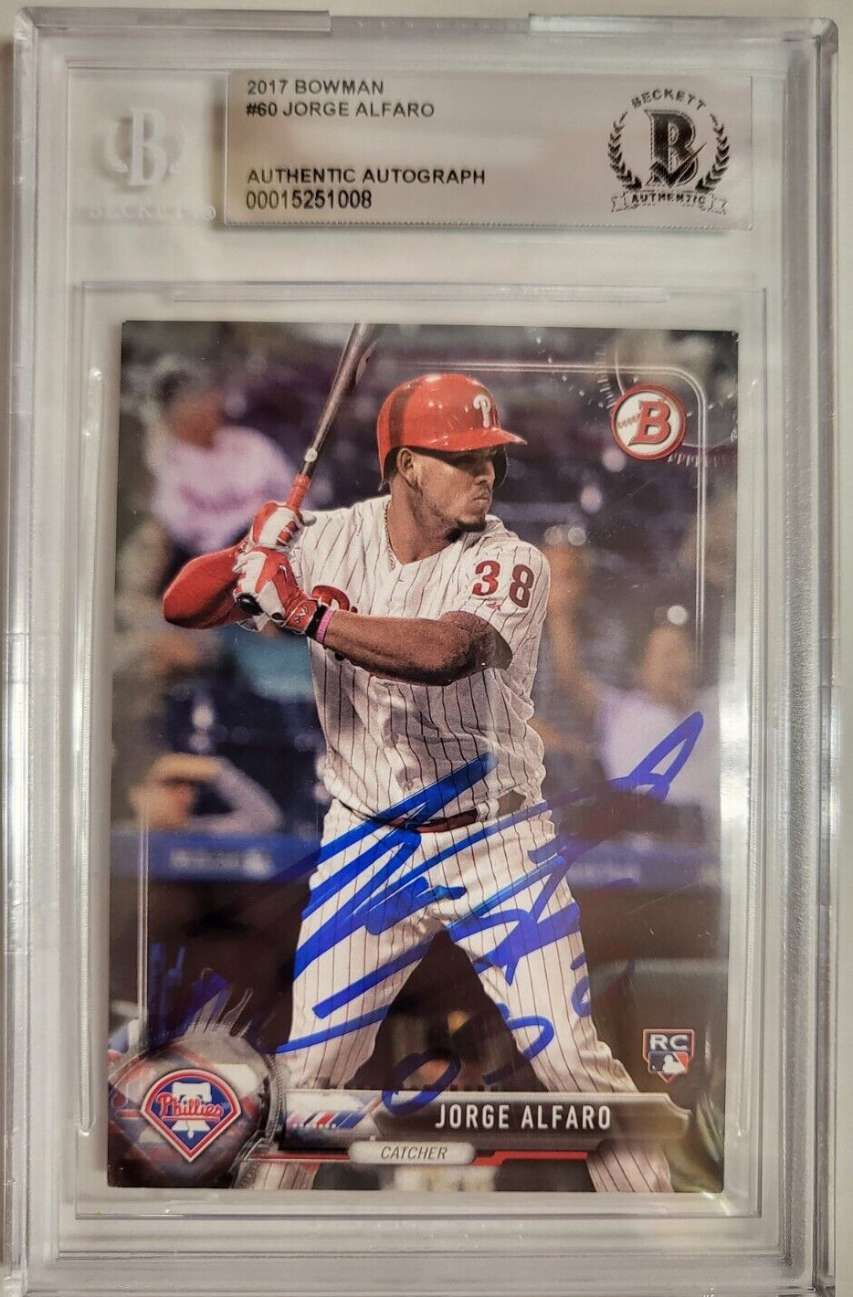 2017 BOWMAN JORGE ALFARO PHILLIES #60 RC AUTO SIGNED CARD BECKETT AUTHENTIC