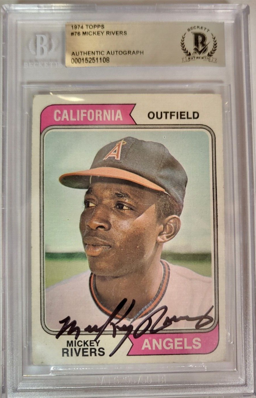 1974 TOPPS MICKEY RIVERS ANGELS #76 AUTO SIGNED CARD BECKETT AUTHENTIC