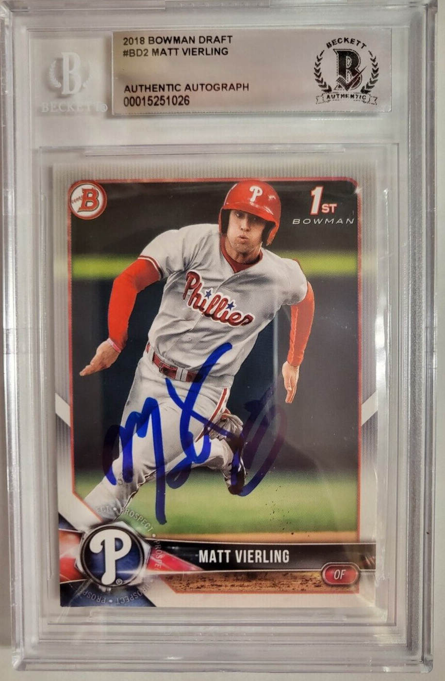 2018 BOWMAN DRAFT MATT VIERLING REDS #2 RC AUTO SIGNED CARD BECKETT AUTHENTIC *
