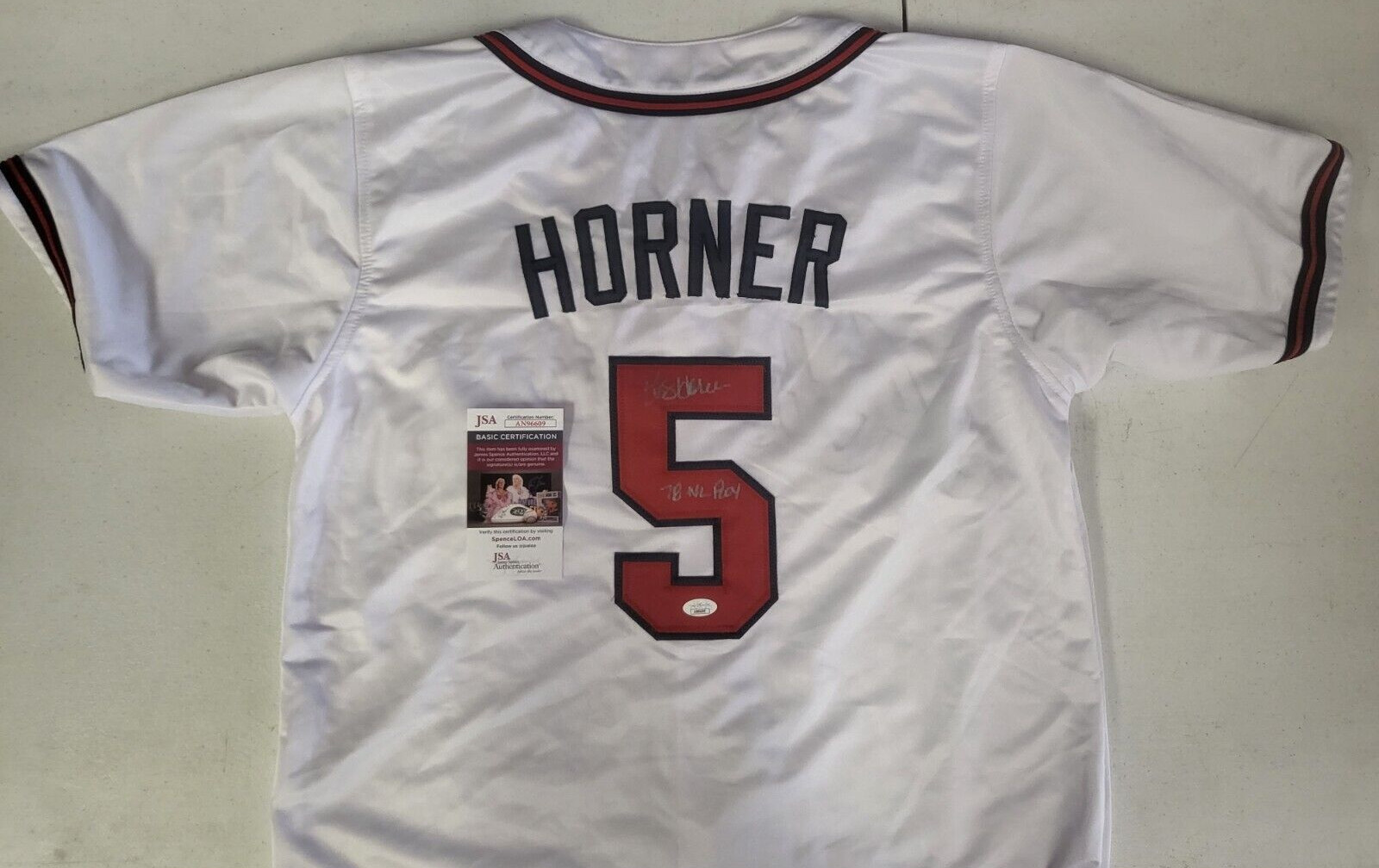 BOB HORNER #5 ATL BRAVES 78 NL ROY AUTO SIGNED WHT RED CUSTOM JERSEY XL JSA *