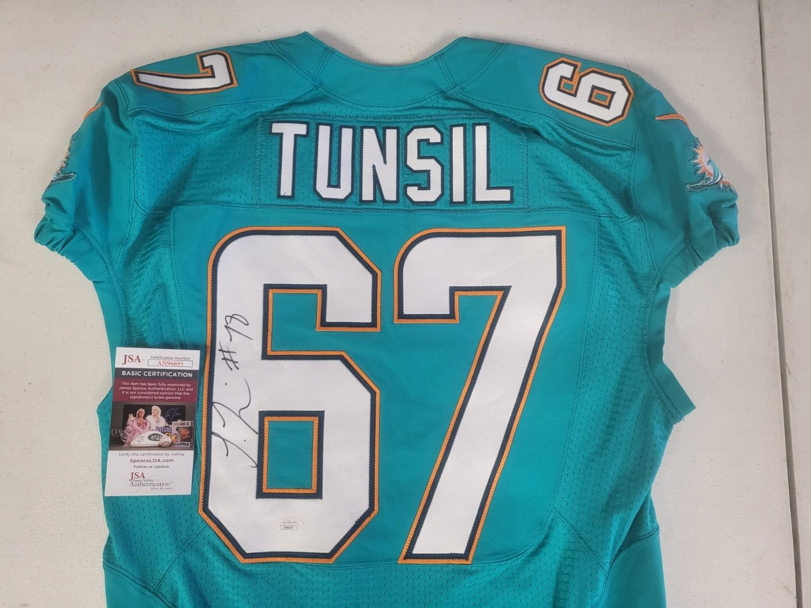 LAREMY TUNSIL #67 MIA DOLPHINS SIGNED AUTO TEAM ISSUED 2014 ON FIELD JERSEY JSA