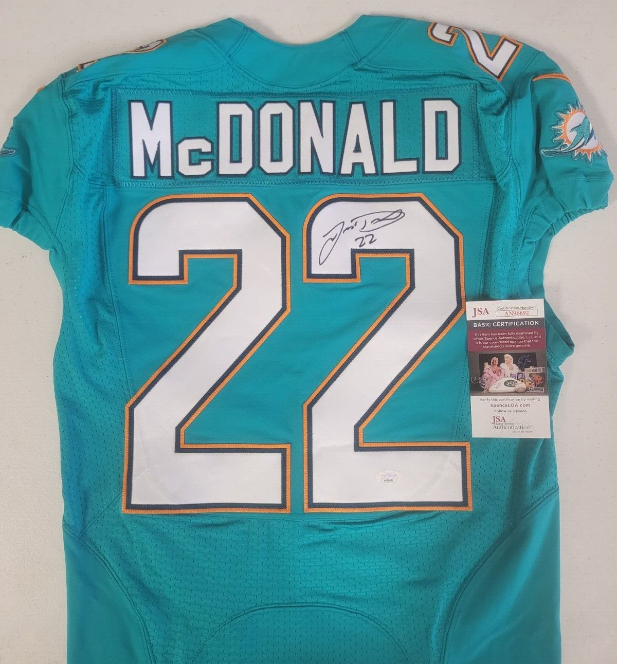 T.J. MCDONALD #22 MIA DOLPHINS SIGNED AUTO TEAM ISSUED 2014 ON FIELD JERSEY JSA