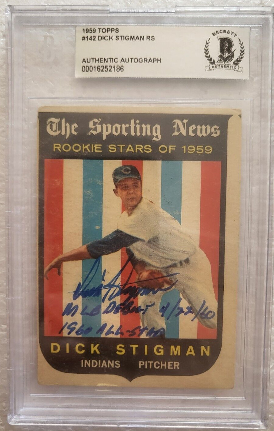 1959 TOPPS ROOKIE STARS DICK STIGMAN INDIANS SIGNED AUTOGRAPH #142 CARD BECKETT COLLECTIBLE MEMORABILIA