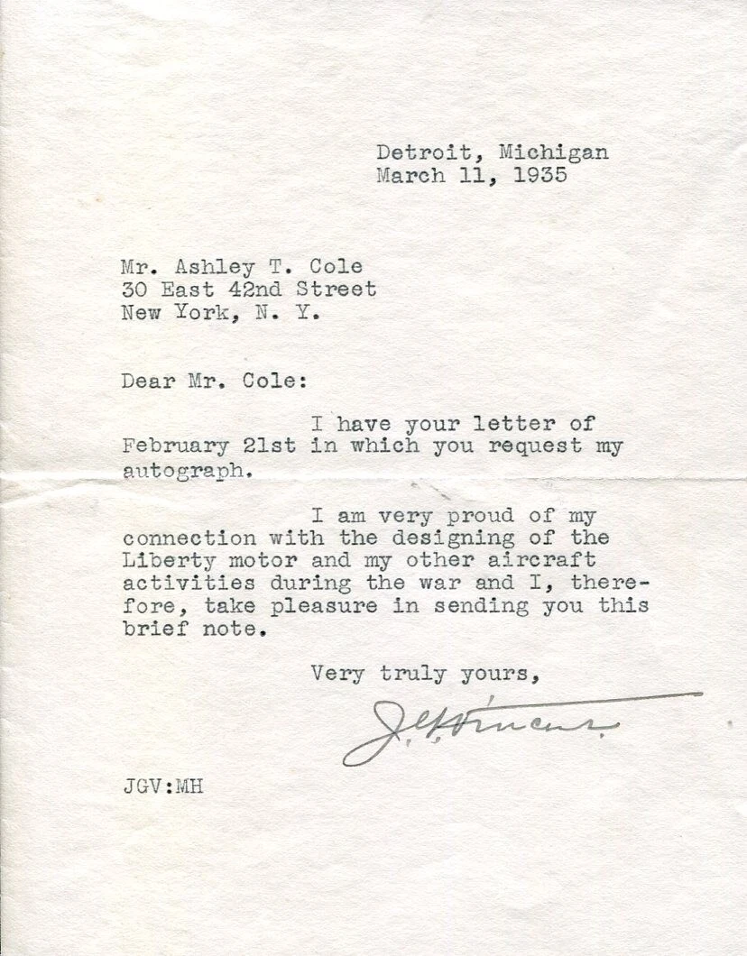 Jesse G. Vincent Liberty Aircraft Engine Designer Packard Cars Signed Autograph