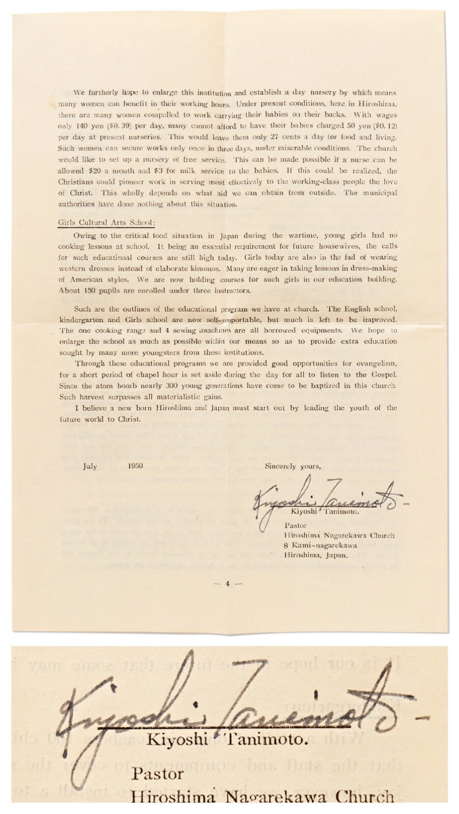 Kiyoshi Tanimoto WWII War Hiroshima Survivor Maidens Signed Autograph Letter