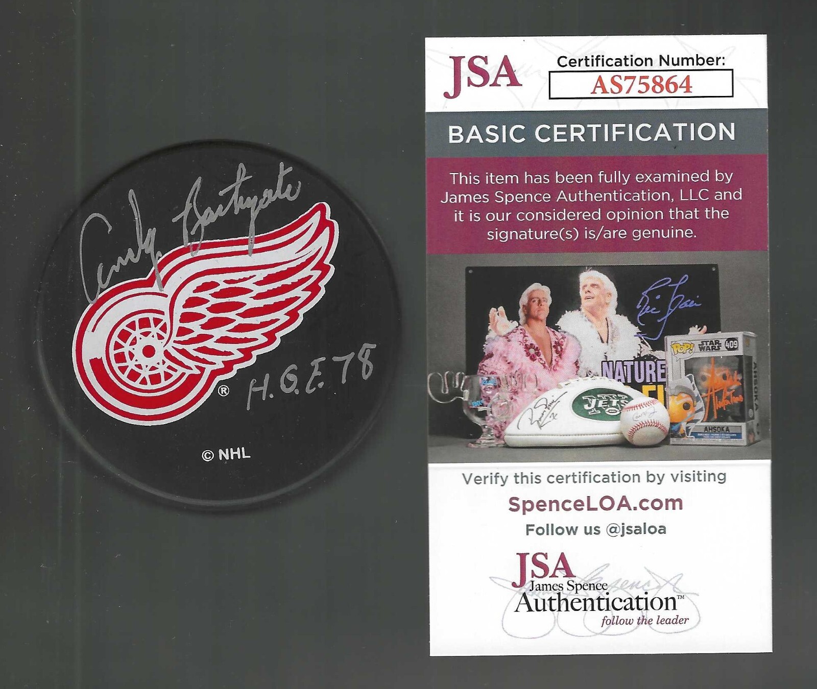 Andy Bathgate Signed & Inscribed Detroit Red Wings Ravens Athletic Puck JSA COA