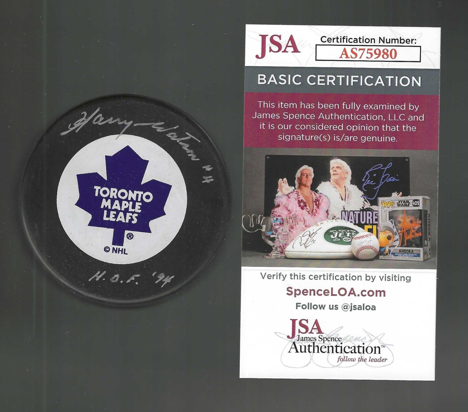 Harry Watson Signed & Inscribed Toronto Maple Leafs Trench Puck JSA COA Gold