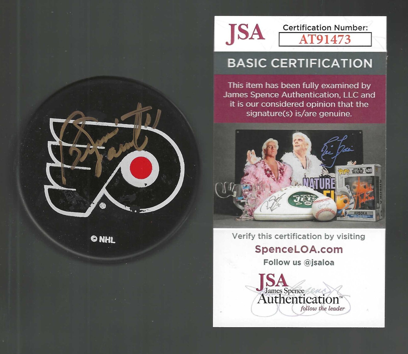 Bernie Parent Signed Philadelphia Flyers Ravens Athletic Puck JSA COA