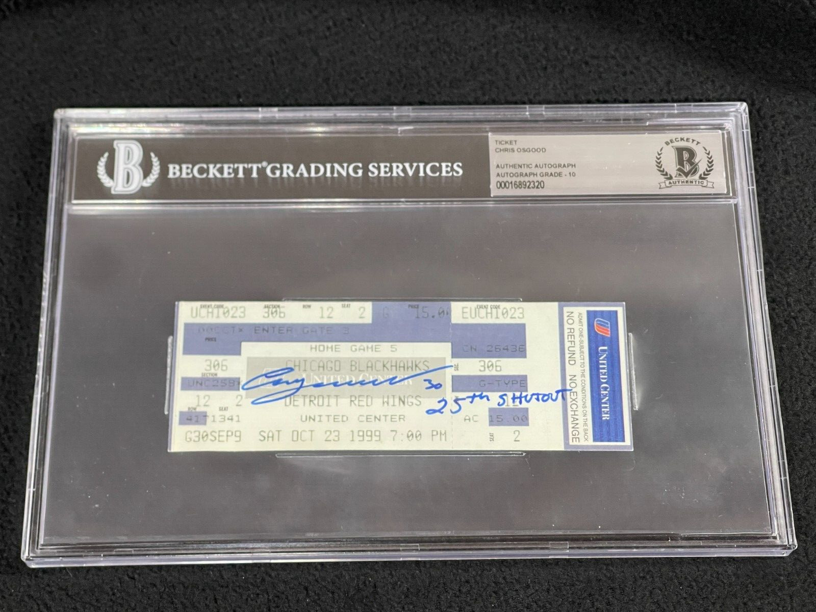 Chris Osgood Signed & Inscribed Detroit Red Wings 25th Shutout Ticket Beckett