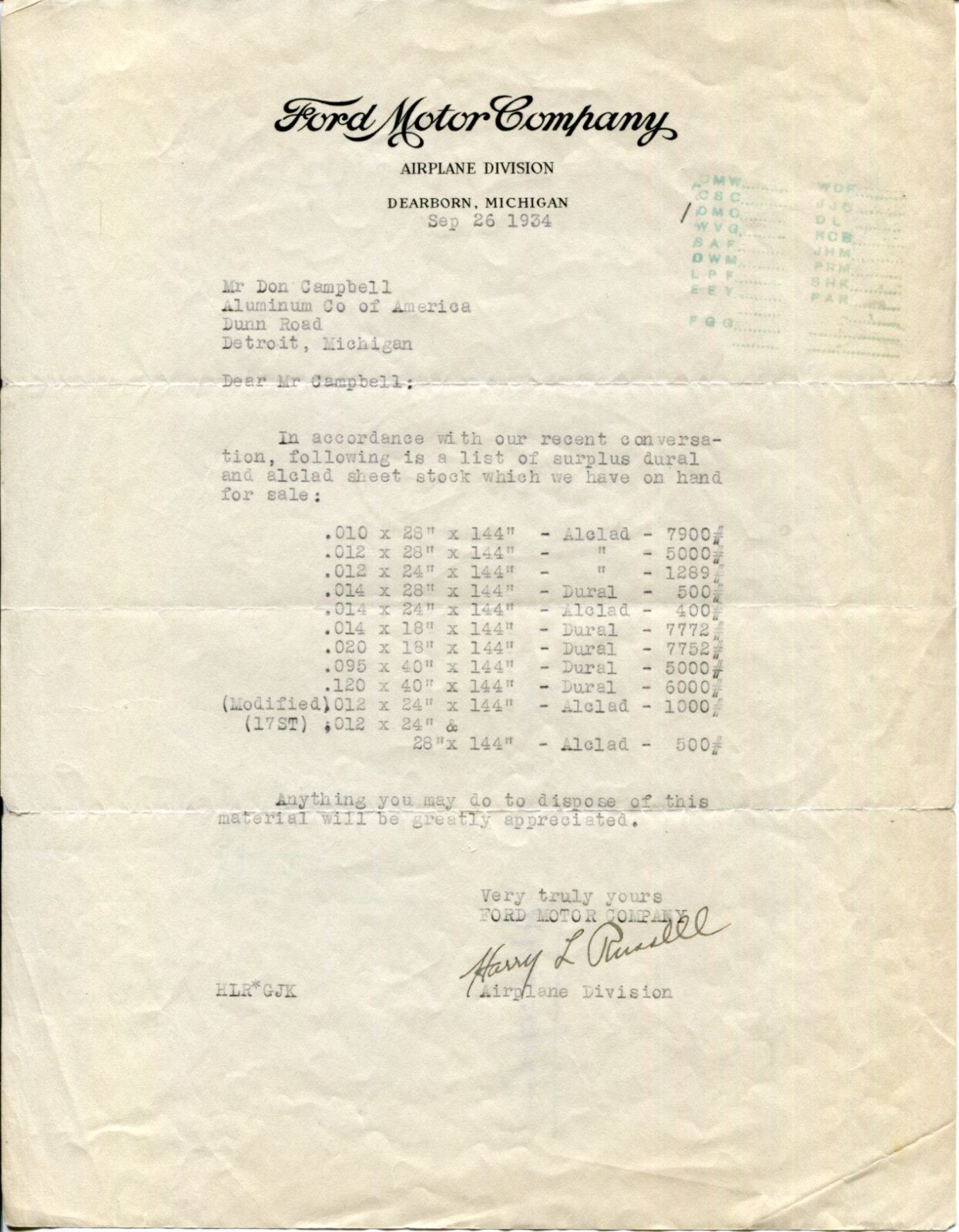 Harry Leland Russell Ford Motor Company Airplane Aviation Pilot Signed Autograph