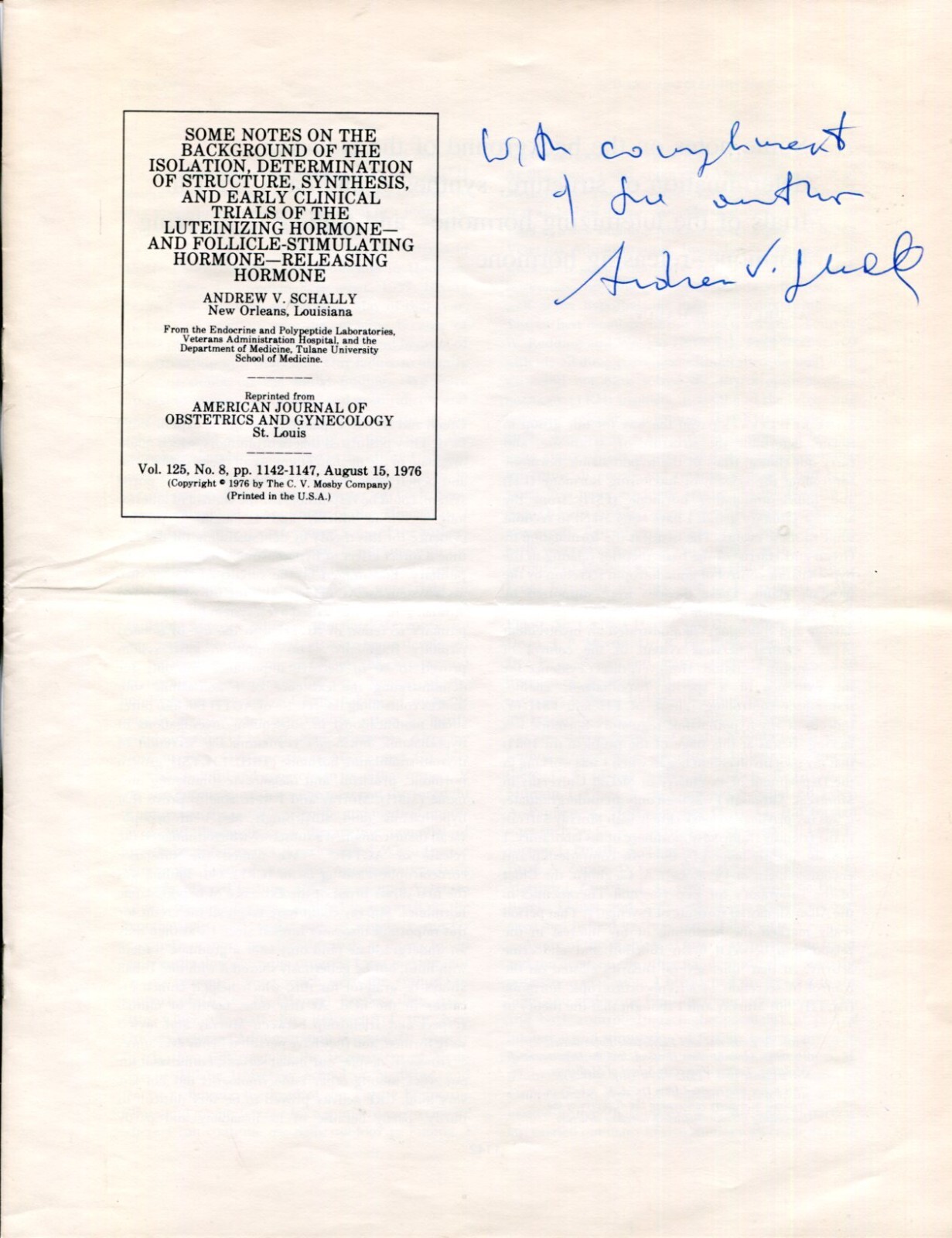Andrew Schally Nobel Prize Medicine Hypothalamic Hormones Signed Autograph Paper
