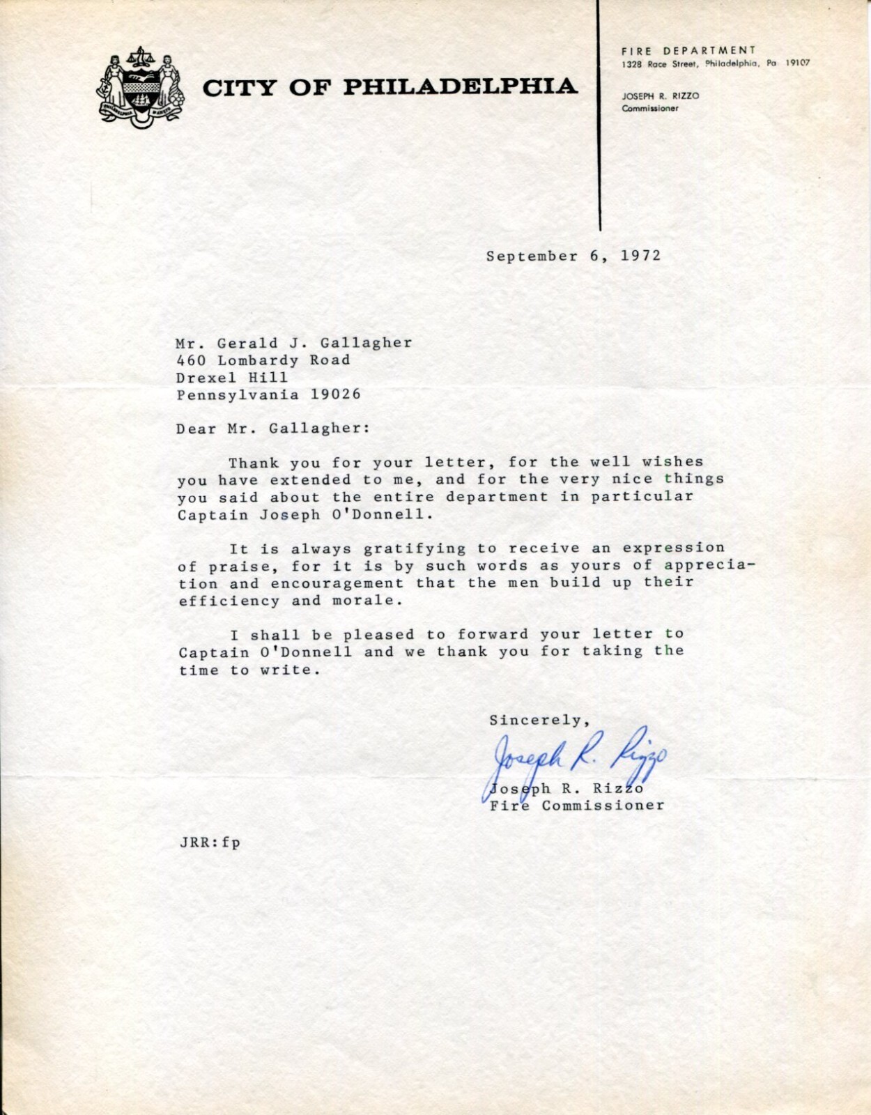 Joseph Rizzo Philadelphia Fire Department Commissioner Signed Autograph Letter