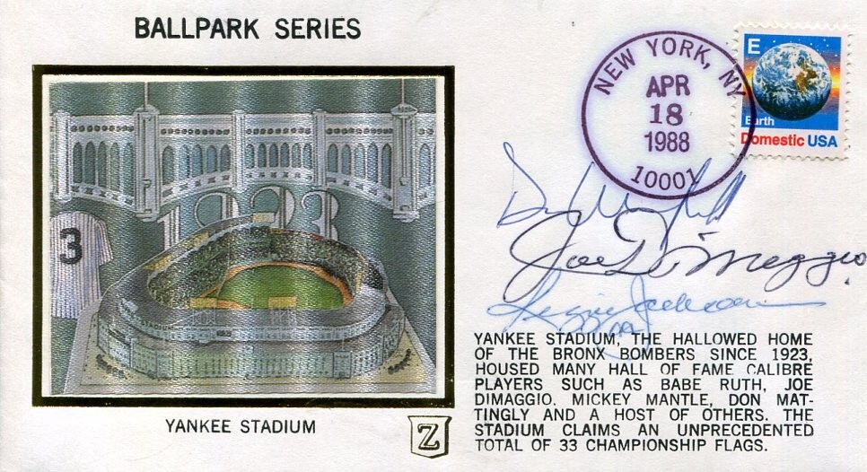 Joe DiMaggio Reggie Jackson Dave Winfield NY Yankees Signed Autograph FDC JSA