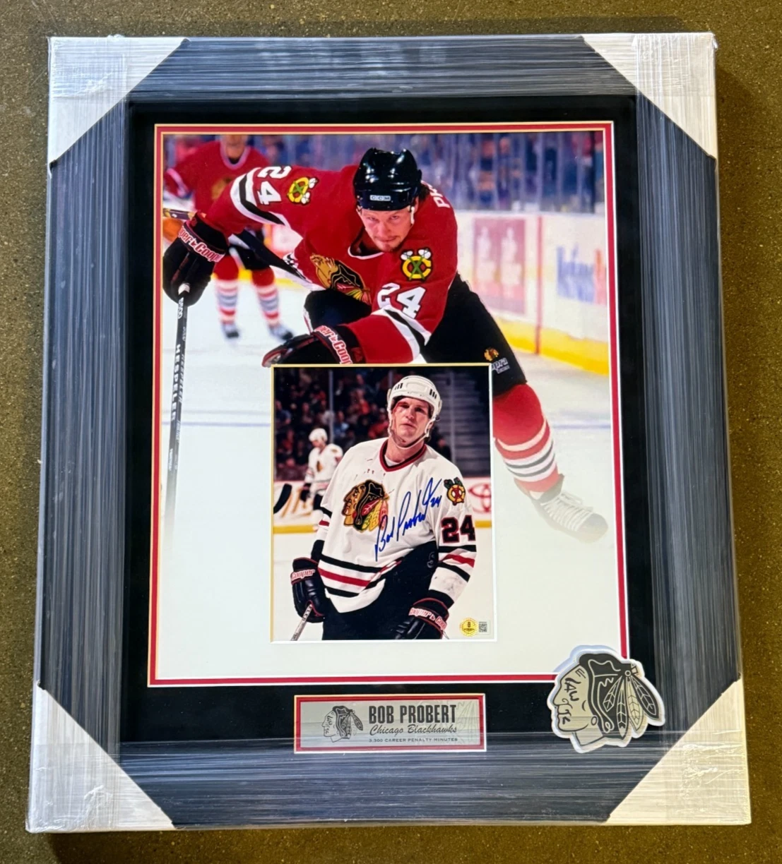 Bob Probert Signed Chicago Blackhawks Framed Bloody 8x10 Photo Beckett COA