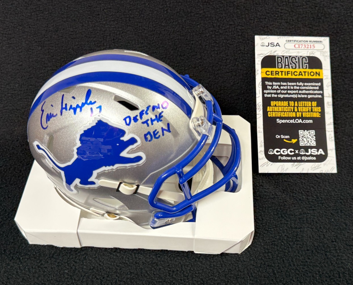 Eric Hipple Signed & Inscribed Defend The Den Detroit Lions Mini Helmet JSA COA