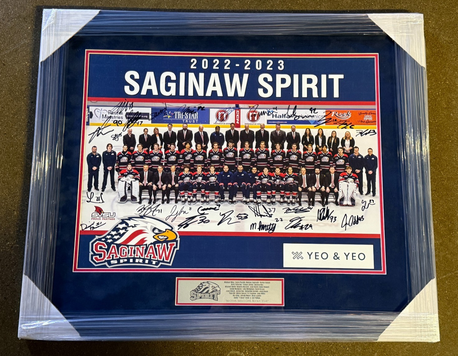 2022/23 Saginaw Spirit Team Signed Framed Poster Michael Misa Rookie Year JSA