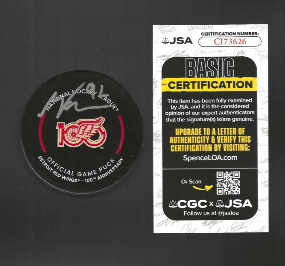 Marco Kasper Signed Detroit Red Wings Centennial 100th Game Puck JSA COA