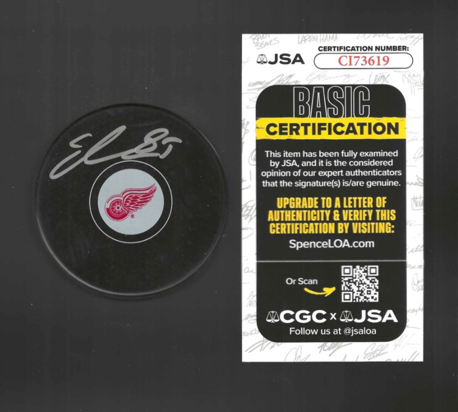 Elmer Soderblom Signed Detroit Red Wings Puck JSA COA