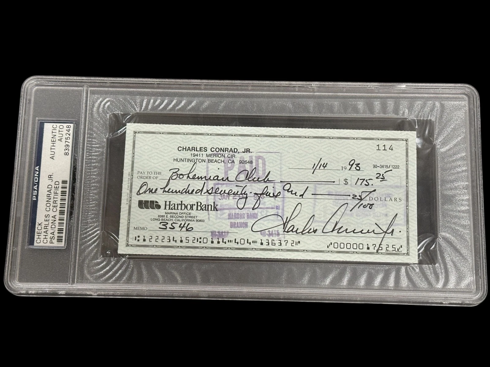 Charles Pete Conrad NASA Apollo 12 Moonwalker Signed Autograph Check PSA Slab