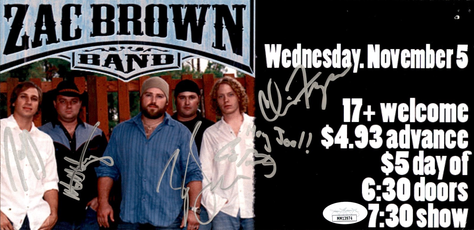 Zac Brown Band Full Signed 5.25x10.5 Concert Flyer Print JSA COA