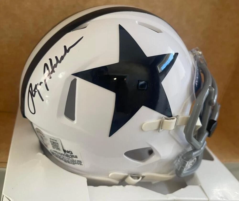 ROGER STAUBACH COWBOYS CAP AMERICA VISOR RARE SIGNED AUTO MINI HELMET BECKETT AU