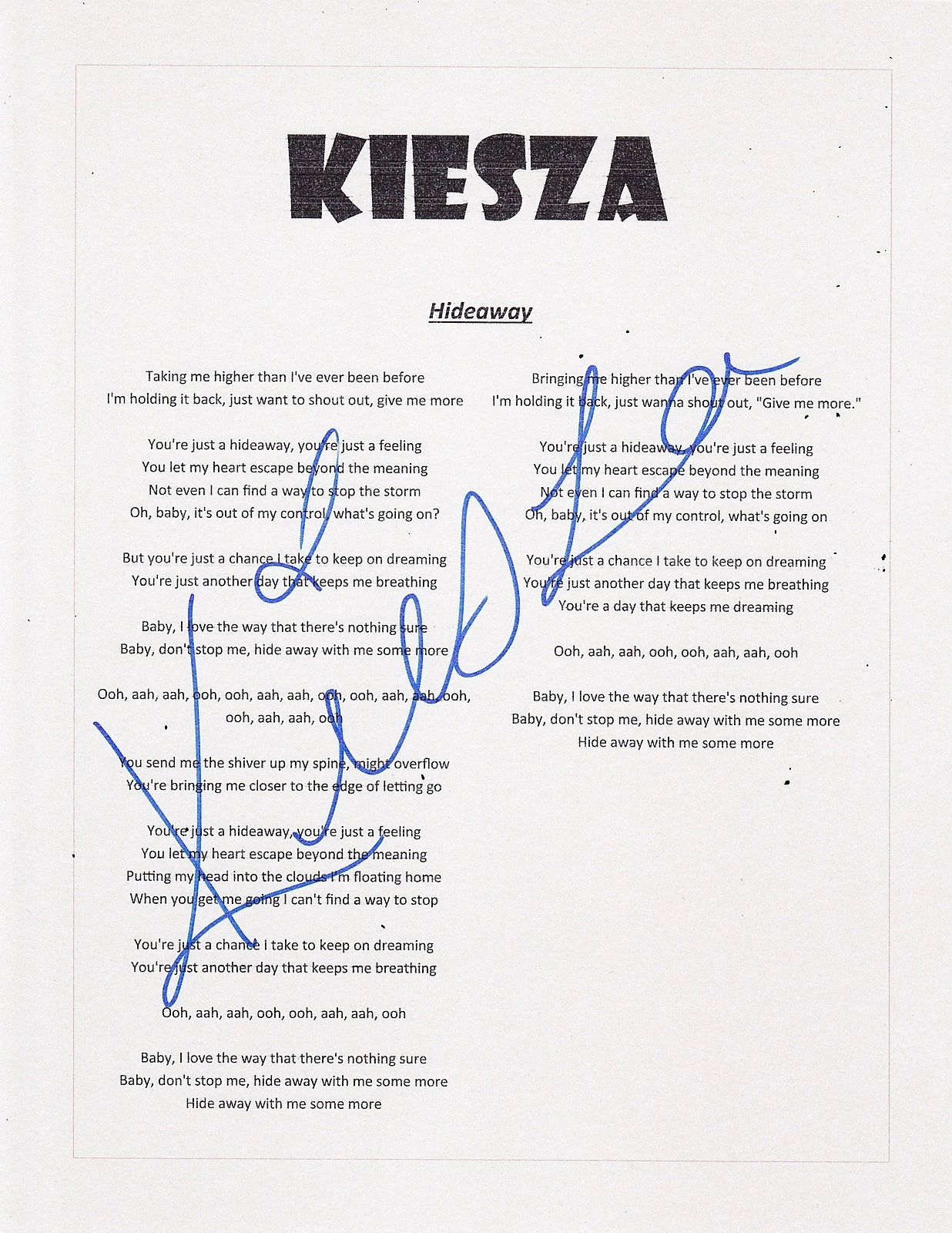 KIESZA KIESA RAE ELLESTAD SIGNED HIDEAWAY LYRIC SHEET