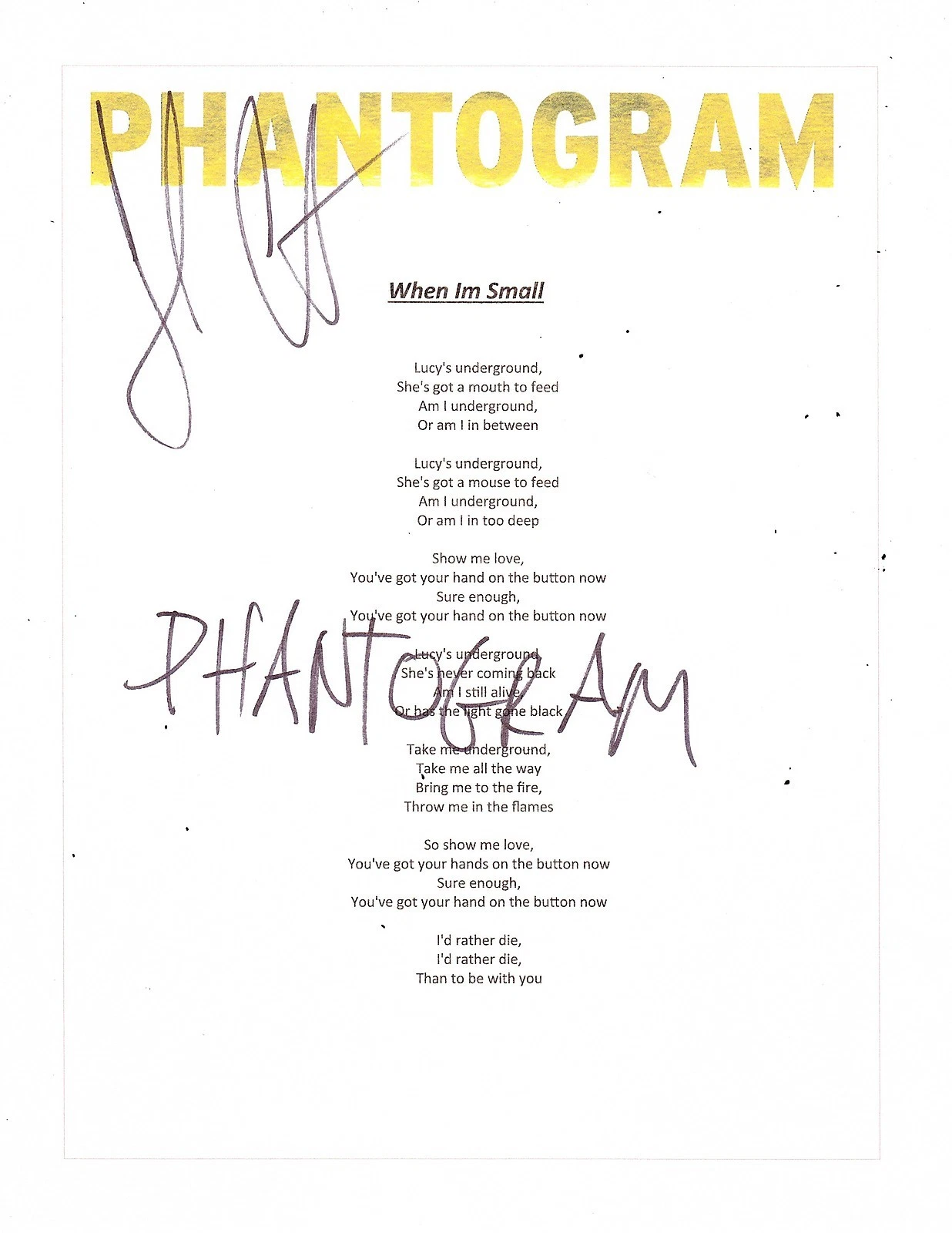 PHANTOGRAM JOSH CARTER SIGNED WHEN IM SMALL LYRIC SHEET