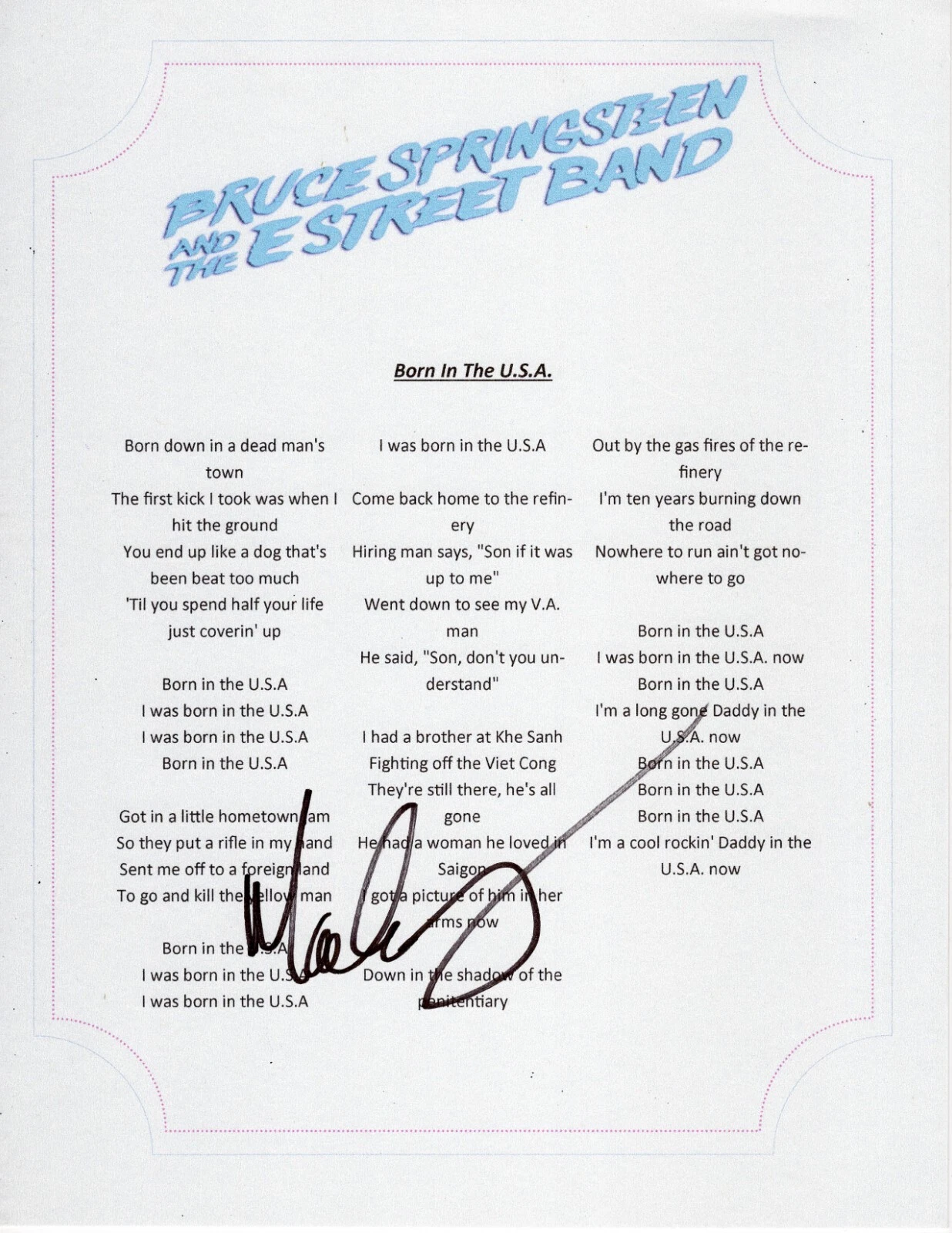 SPRINGSTEEN & THE ESTREET BAND MAX WEINBERG  SIGNED BORN IN THE USA LYRIC SHEET