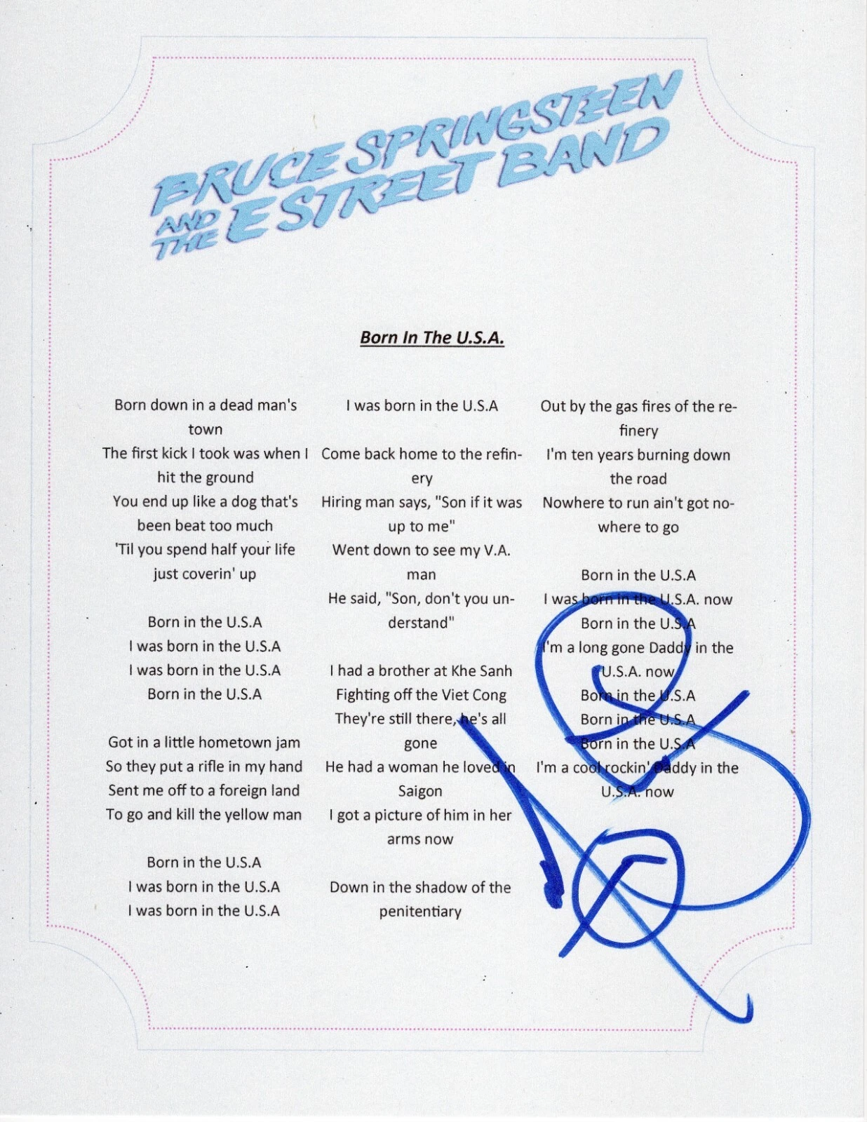 SPRINGSTEEN & THE ESTREET BAND NILS LOFGREN SIGNED BORN IN THE USA LYRIC SHEET