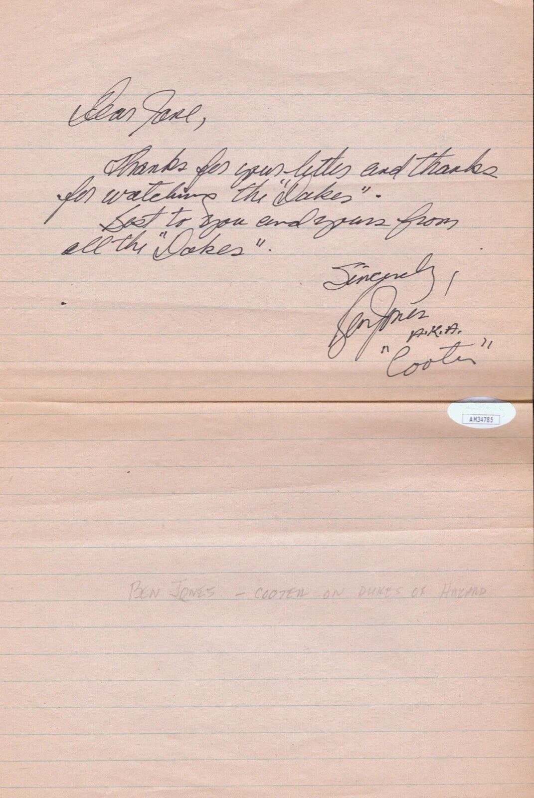 BEN JONES Signed Auto Fan Letter DUKES OF HAZZARD JSA COA