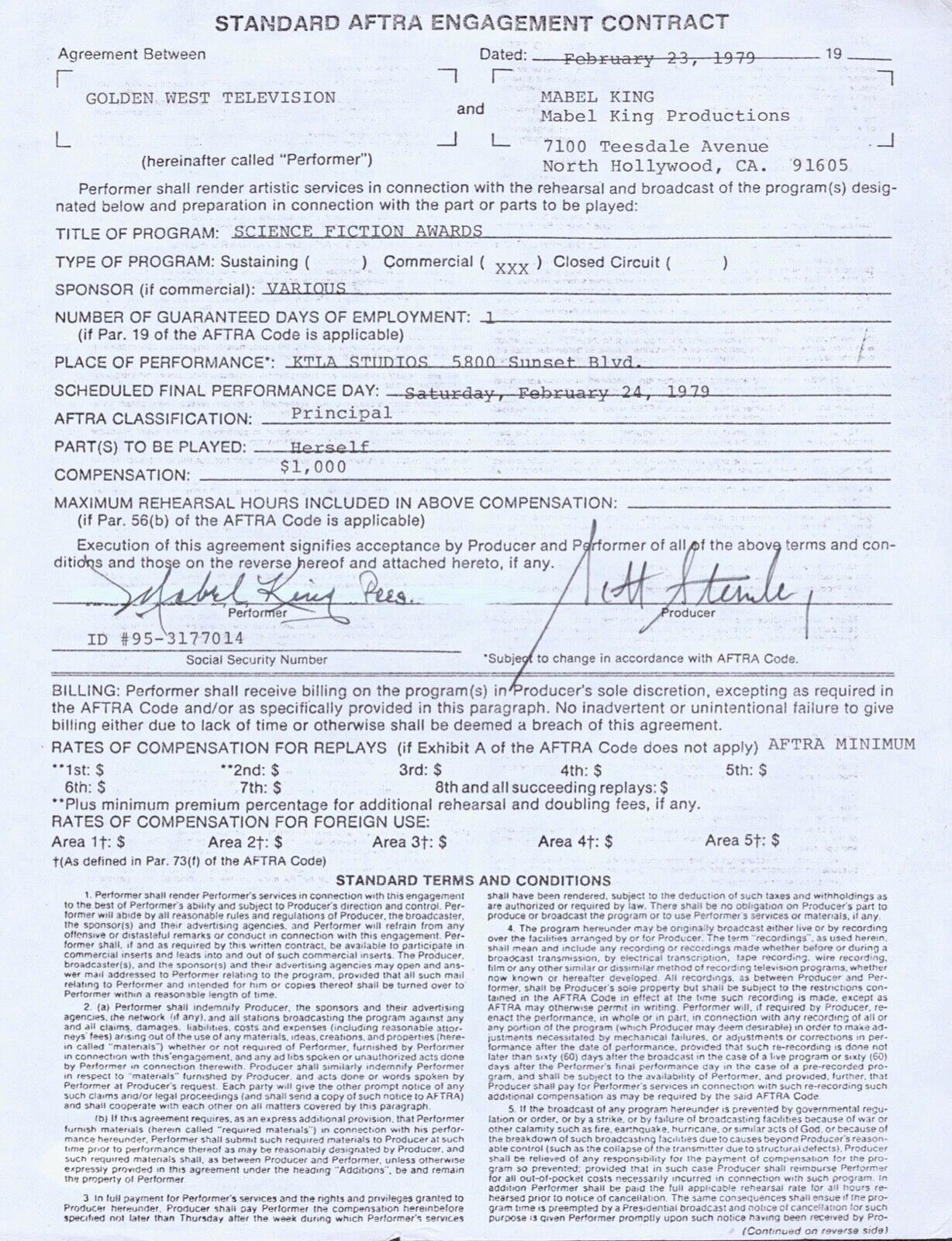 MABEL KING Signed Autograph Contract WHATS HAPPENING JSA COA