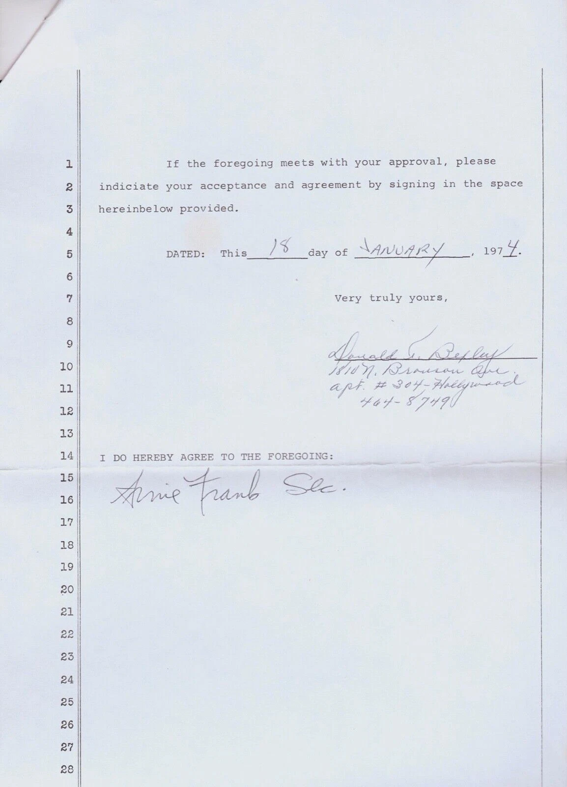 DON  “BUBBA” BEXLEY RARE Signed Autograph Contract JSA COA SANFORD AND SON