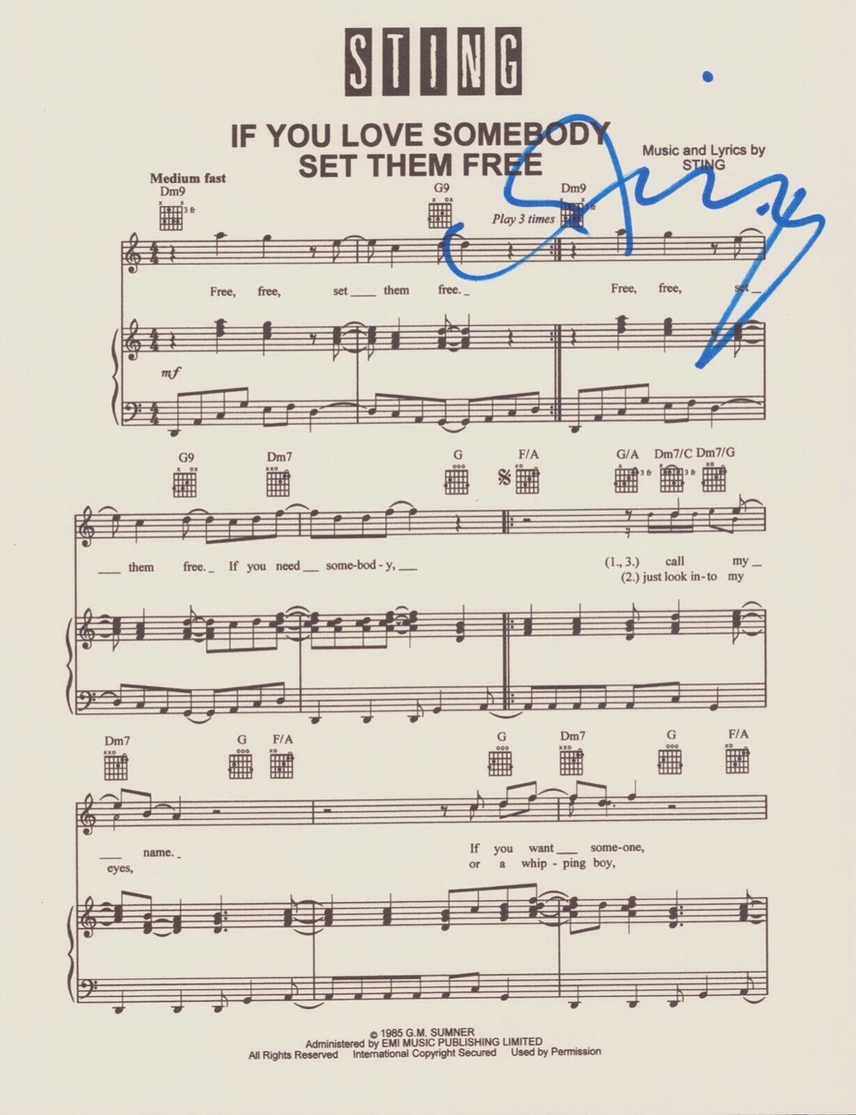 STING Signed Autograph Sheet Music 