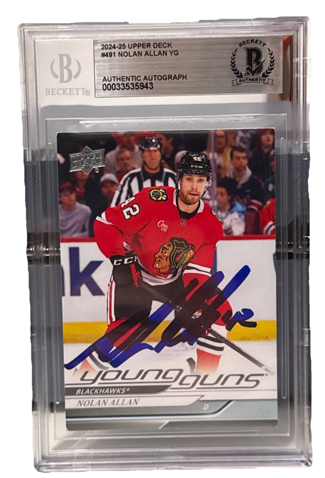 Nolan Allen signed Chicago Blackhawks 2024-25 UD #491 Young Guns RC Beckett