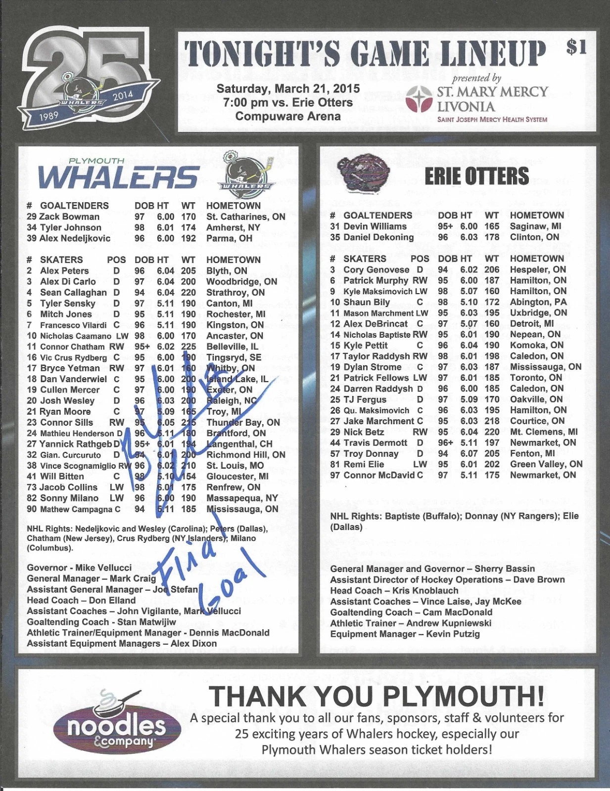 Bryce Yetman Signed Plymouth Whalers 