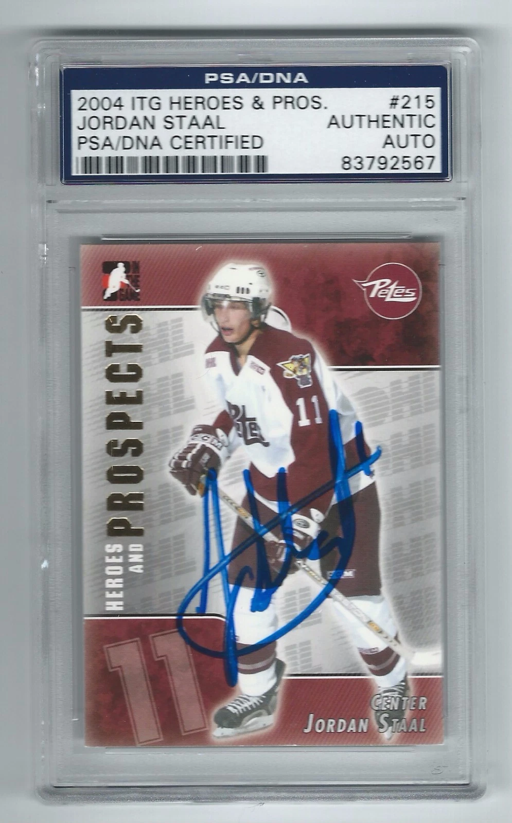 JORDAN STAAL SIGNED 2004/05 HEROES AND PROSPECTS CARD #215 PSA/DNA CERTIFIED