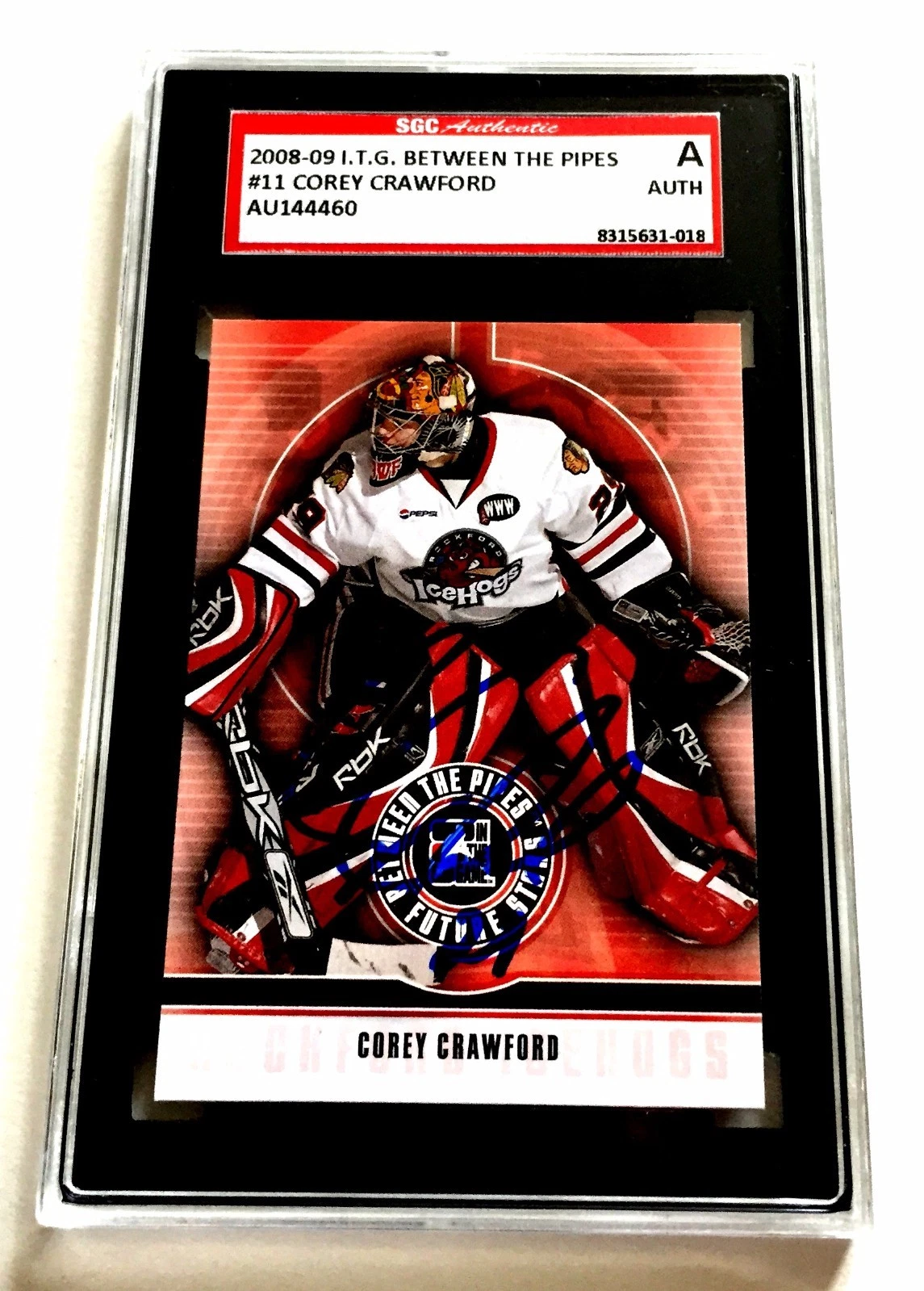 COREY CRAWFORD SIGNED 2008/09 BETWEEN THE PIPES CARD #11 SGC AUTHENTICATED