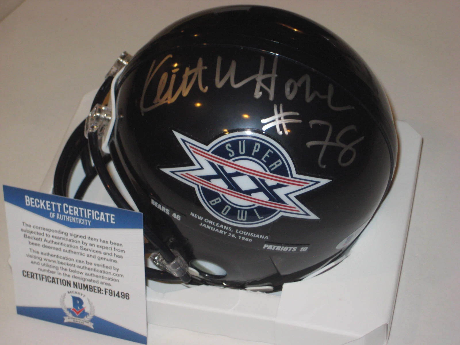 KEITH VAN HORNE Signed Bears SUPER BOWL XX Mini-helmet + Beckett COA