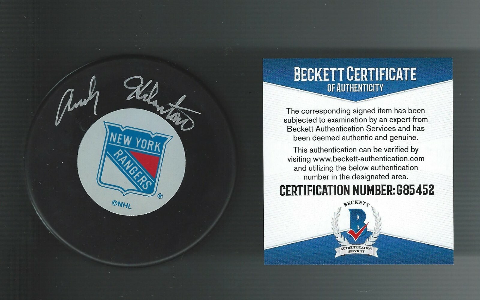 Andy Hebenton Signed New York Rangers Puck Beckett Authenticated COA