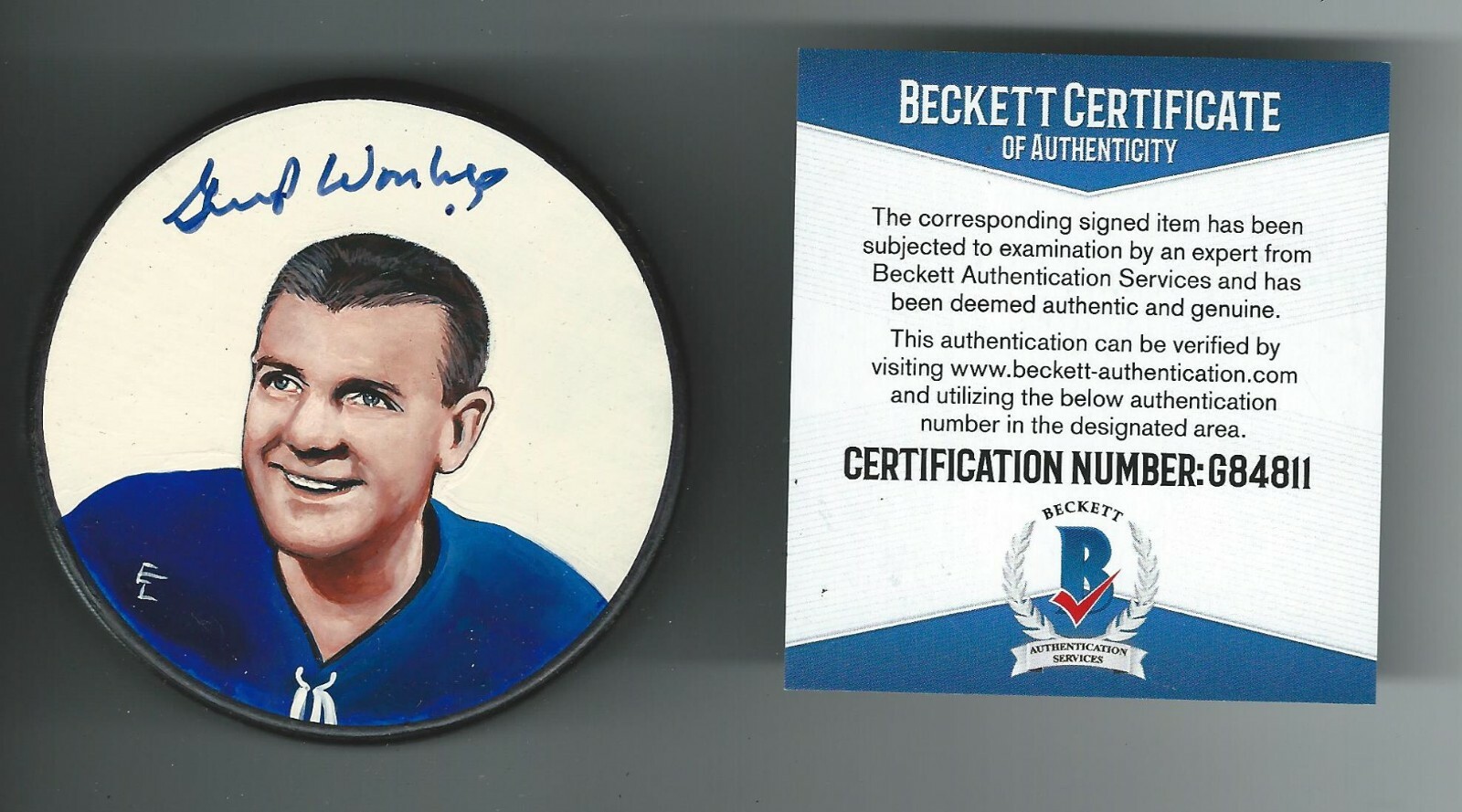 Gump Worsley Signed New York Rangers Custom Hand Painted Litho Puck Beckett COA