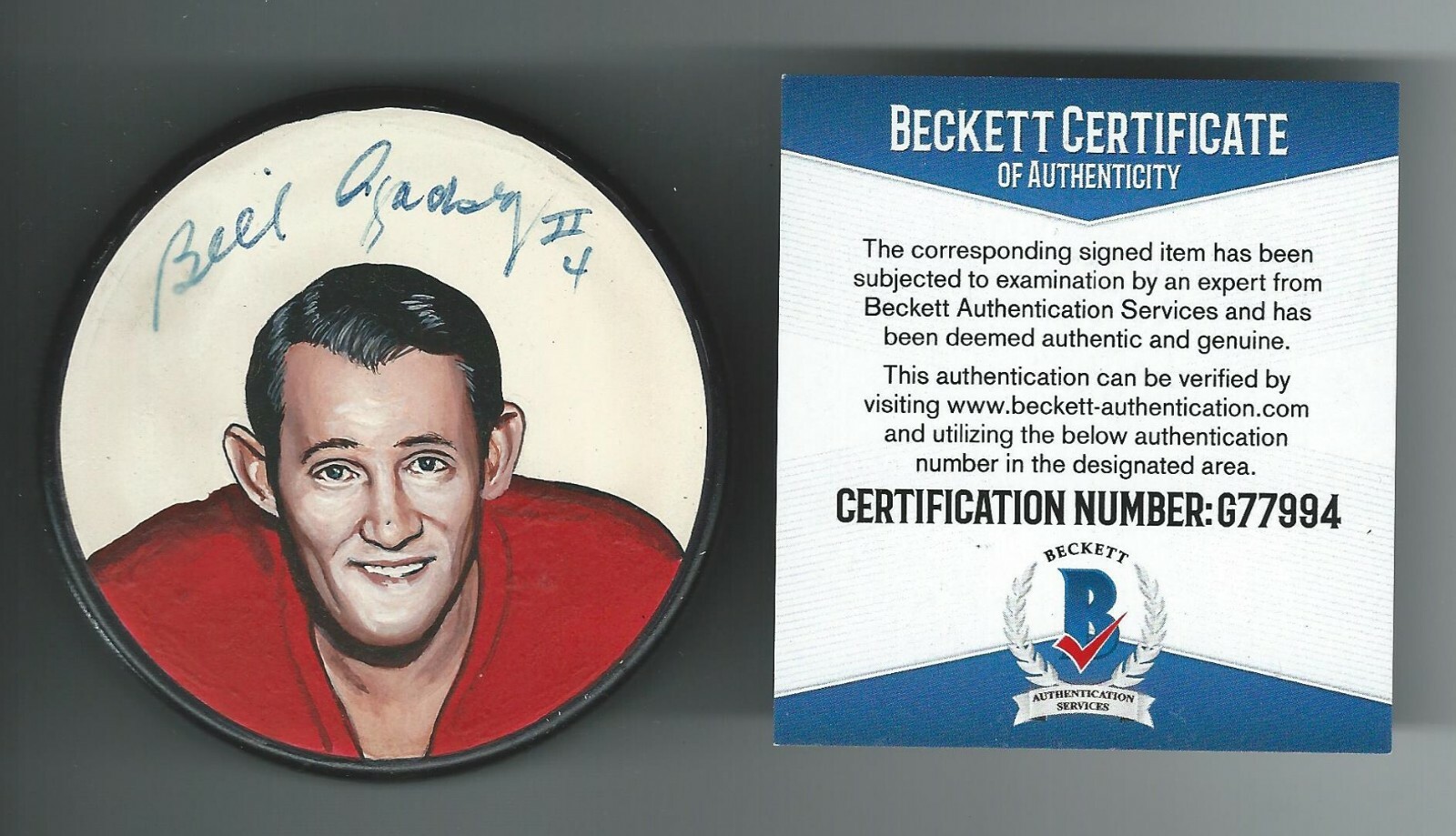 Bill Gadsby Signed Detroit Red Wings Custom Hand Painted Litho Puck Beckett COA