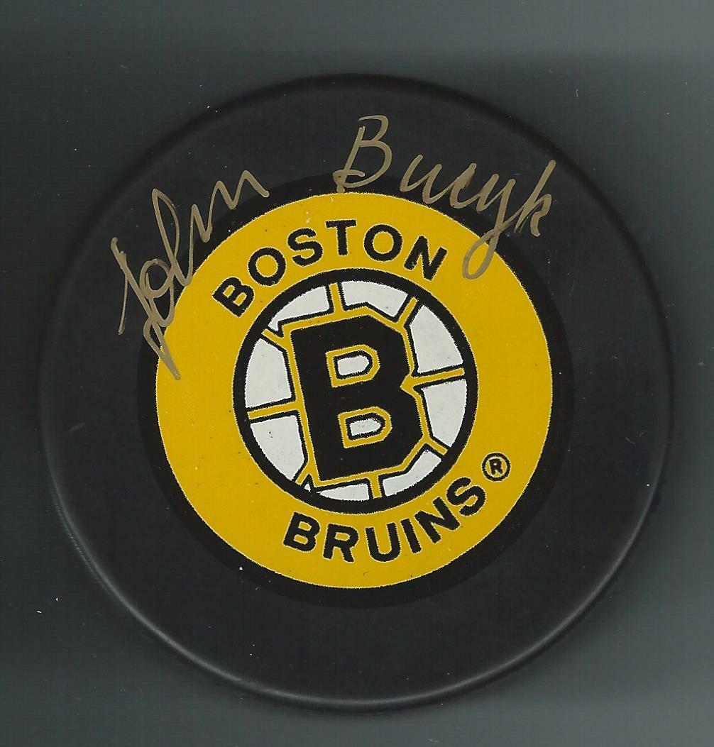 John Bucyk Signed Boston Bruins Yellow Logo Puck
