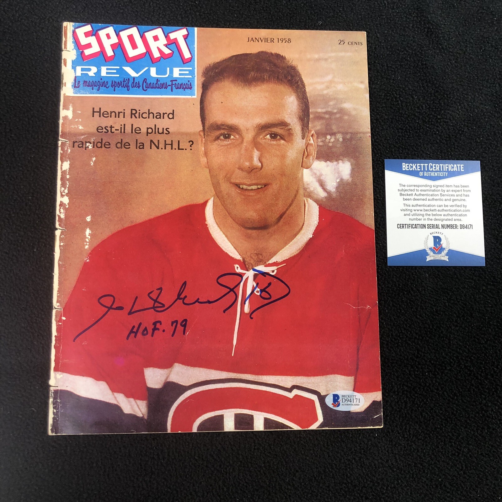 Henri Richard Signed Montreal Canadiens Sport Revue Magazine 1958 Beckett COA